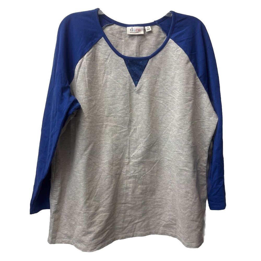 Denim & Co. Active Women's Top 1X Sequin Neckline Accent Contrasting Blue Sleeve